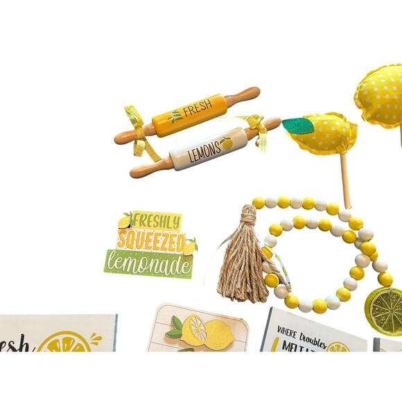 GUC Lot of Lemon Decor Tiered Tray Decor Includes Table Runner Signs Beads - Picture 6 of 6